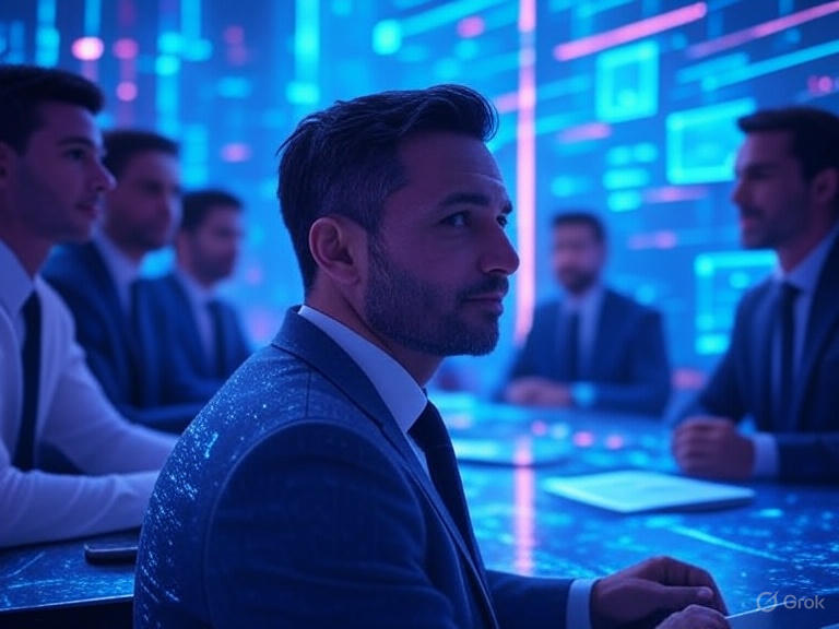 Executive leadership dashboard showing AI transformation framework and business redesign metrics