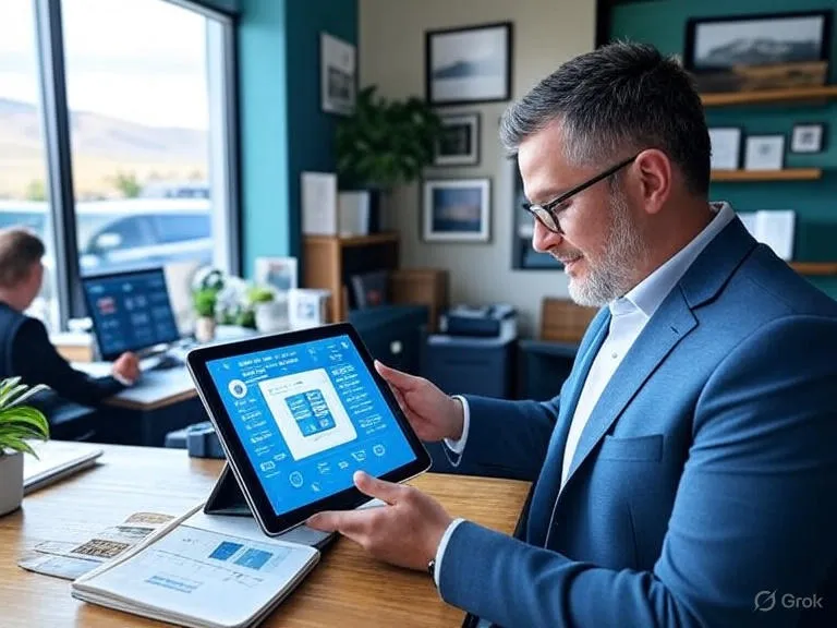 Illustration of a business owner working with three digital AI assistants