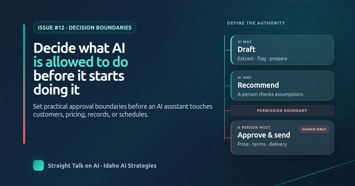 Issue 12 graphic showing an RFQ workflow with a human approval boundary before AI can commit pricing, lead times, or terms