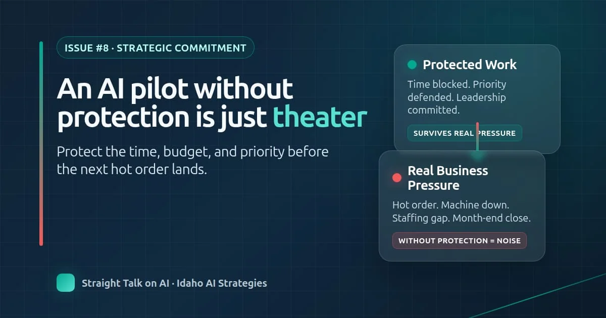 Issue 8 graphic contrasting protected AI work with normal business pressure